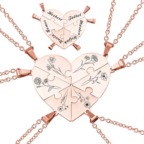 MOTICIUS Personalized Name & Birth Flower Necklace for 2/3/4/5/6/7/8 Custom Heart Puzzle Piece...