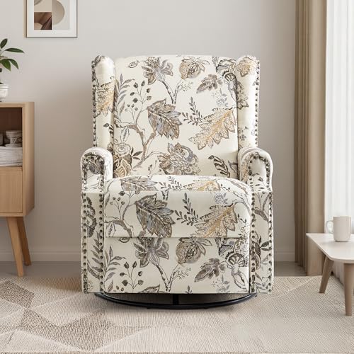 Image of Swivel Rocker Recliner Chairs Set of 2, 360 Swivel Wingback Recliner Chairs for Adults, Upholstered Printed Fabric Glider Rocking Chair with High Back, Deep Seat for Living Romm Bedroom, Plants Beige