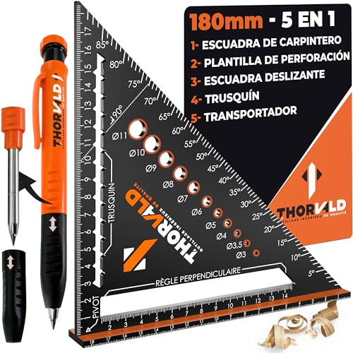 THORVALD 5 en 1 Escuadra Carpintero 180 mm + Lápiz de Obra – Multifunción: Trusquin/Transportador/Plantilla de Perforación/Escuadra de Deslizamiento – Aluminio – Herramienta para Ganar Tiempo
