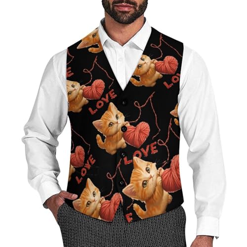 Cat Heart Men's Suit Vests Business Formal Dress Vest V-Neck Waistcoat for Wedding Casual