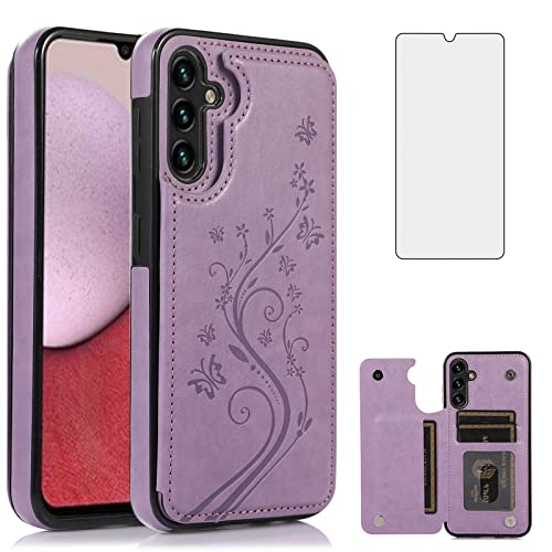 Protection Samsung A14 5G anti-casse écran avec coque portefeuille violette en cuir