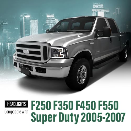 Image of GRAND ORANGE LED DRL Headlight Assembly Compatible with Ford Excursion 05 /Fit Ford F250 F350 F450 F550 Super Duty 05-07 HeadLamps LH & RH Clear lens Black Housing White Reflector Headlights FO2503217
