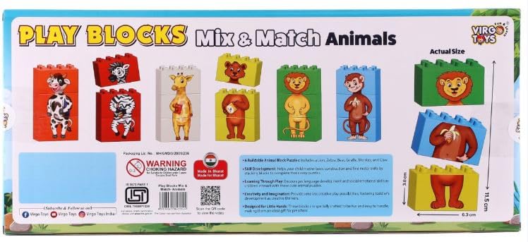 Image of Negi Play Blocks Mix & Match Animals for Kids 6 Buildale Animals Block Puzzles Includes Zebra, Bear, Giraffe, Monkey, and Cow Development of Brain Thinking Ability for Kids 18Pcs Building Block.
