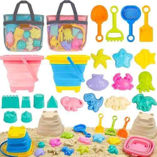 Kids Beach Sand Toys with 2 Collapsible Buckets Animal and Castle Play Sand Molds 2 Mesh Beach Shell Bags, Shovels Set Travel Sandbox Toys for Toddler Ages 3-10