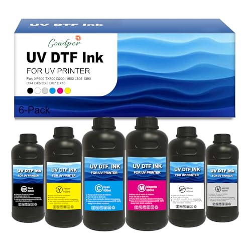 Encre UV DTF pour XP600 et i3200 : kit 6x500ml avec vernis pour impressions personnalisées