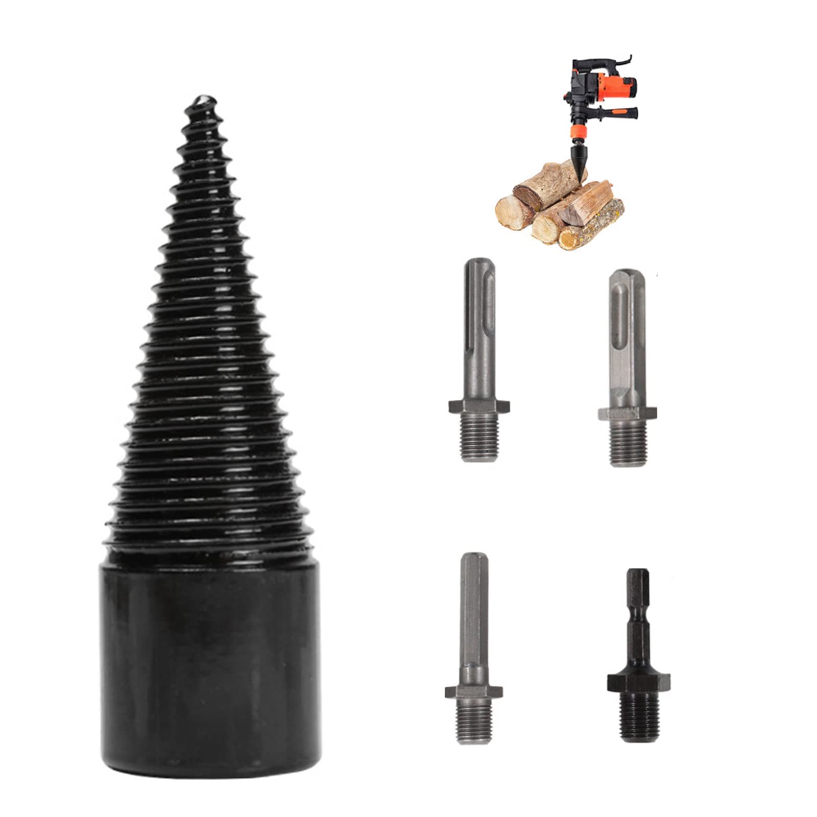 Foret de fendage de Bois, Fendeur de Bois Conique Robuste 32mm avec 4 adaptateurs, Fendeur Conique en Acier Haute Vitesse pour perceuse électrique et à mai, Carré/Rond/Hexagonal