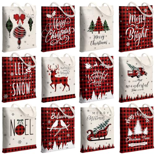 Image of Paterr 12 Pcs Christmas Canvas Tote Bags Bulk Reusable Red Black Buffalo Plaid Christmas Gift Bags with Handles Xmas Tree Reindeer Truck Canvas Handbags for Women Xmas Gifts Farmhouse Party Decor