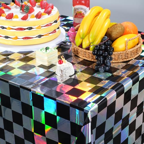 Image of 6Pack Black and Iridescent Checkered Plastic Tablecloth, Shiny Disposable Laser Rectangle Table Covers, Holographic Foil Tablecloth Iridescent Party Decorations for Picnic Camping Race Car, 54x108Inch