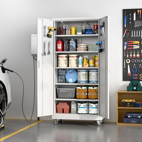 Image of White Metal Garage Storage Cabinet with Wheels and Pegboard, 71 in. | Lockable steel cabinet with dual-door pegboard, 4 hooks, 5 adjustable shelves and detachable casters; assembly required.