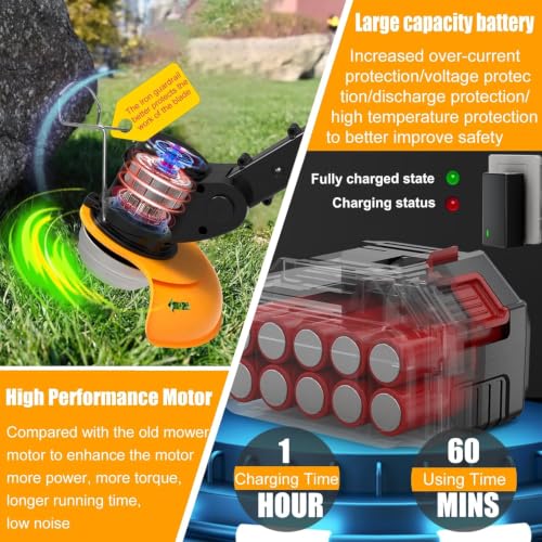 Image of Cordless Grass Cutter Machine for Garden | Weed Cutting Tool | Easy Storage with Adjustable Height & Foldable Handle | 2 x 48V Battery | 25cm Cutting Width | 3 x Heavy-Duty Blades (Old-Black)