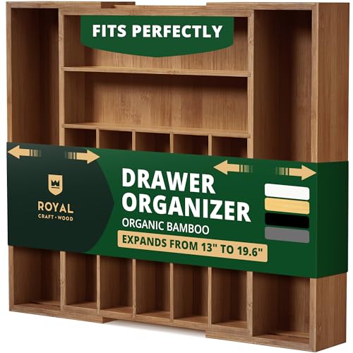 ROYAL CRAFT WOOD Luxury Bamboo Kitchen Drawer Organizer - Silverware Organizer - Utensil Holder and Cutlery Tray with Grooved Drawer Dividers for Flatware and Kitchen Utensils (9 Slot, Brown Bamboo)