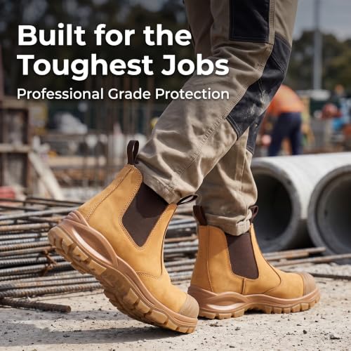 Image of BPKW Men's Steel Toe Work Boots Slip On Nubuck Leather Safety Boots Scuff Cap