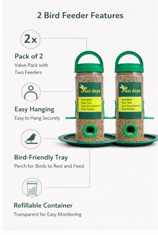 Image of Bird Feeder for Garden & Balcony (Pack of 2) | Hanging Seed Feeder with Tray | Outdoor Bird Feeding Container for Sparrows & Small Birds
