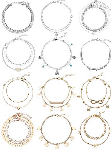 Preisvergleich Produktbild 12 Stücke Mehrschichtige Fußkettchen Fußkette Damen Frauen Armband Geschichtete Sommer Strand Fußkettchen Boho Fußkette Set für Frauen und Teenager Mädchen