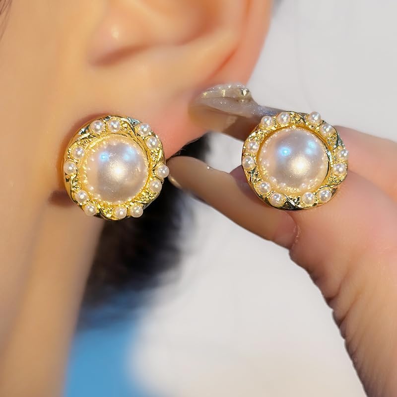 Gold Pearl Stud Earrings for Women, Elegant Classic Round Gold Plated Sterling Silver Earrings, Vintage Inspired Jewelry for Wedding Party & Everyday Look - Image 5