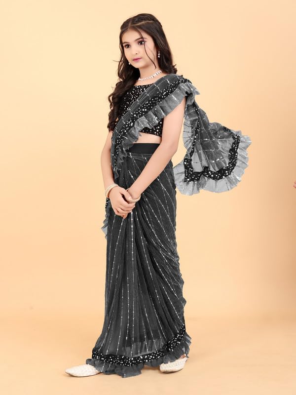 Image of Kids Supernet Tikli Work Ready to Wear Saree with Unstitched Blouse Piece | Traditional Ethnic Saree for Girls | Pre Stitched Festive Dress for School Function, Cultural Events & Wedding