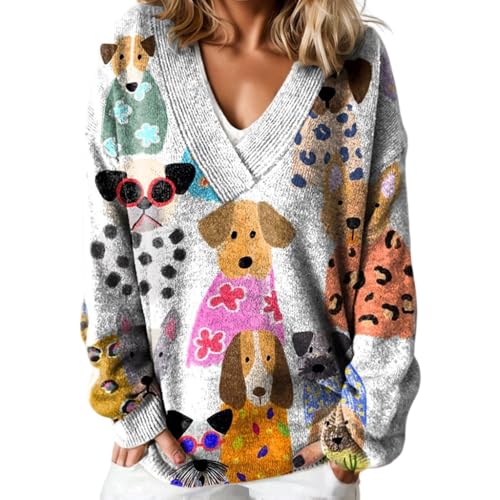 Women's Casual Cute Graphic Print V-Neck Pullover Sweater Fall and Winter Oversized Vintage Long Sleeve Floral Tops