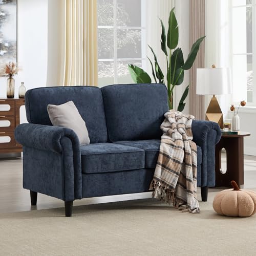 Image of Kingfun Loveseat 2 Seater Couch, Mid Century Modern Chenille Sofa with Rolled Arms and Deep Seats, Fluffy Comfort for Living Room, Apartment, Easy Assembly, Blue