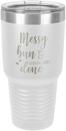 MESSY BUN AND GETTING STUFF DONE Vaso blanco de 30 onzas con popote y tapa superior deslizante  Taza de viaje de acero inoxidable  Comparar con Yeti