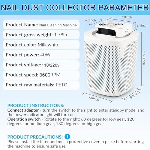 Colector de polvo para taladro de uñas, filtro lavable, aspiradora de bajo ruido, alta velocidad 3600 RPM, 3 velocidades ajustables para herramientas de salón de manicura