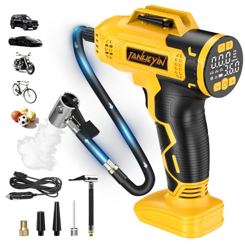 Portable Tire Inflator Air Compressor Compatible with Dewalt 20V Battery, DC 12V Car Power Supply, 160PSI Cordless Air Pump with LCD Pressure Gauge, LED Light, 5 Preset Modes for Car, Bike, Ball