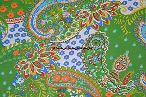 Image of Indian Hand-Block Printed Jaipuri Print Tropical Paisley Floral Ethnic Sanganer Kurti Print Cotton Fabric (Green Paisley, 20 Yards)