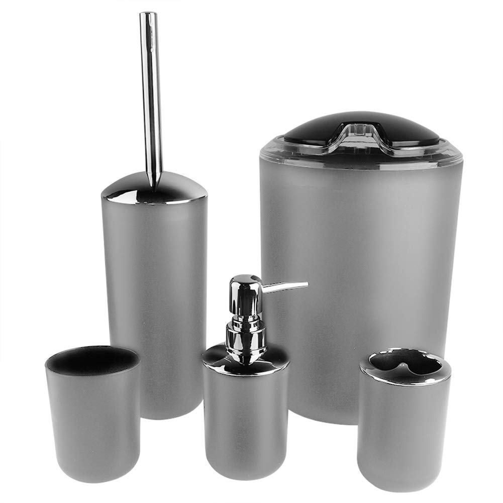 AYNEFY Juego de 6 accesorios de baño para inodoro con dispensador de jabón, jabonera, soporte para cepillos de dientes, vaso para cepillos de dientes, escobilla de inodoro, papelera (gris)