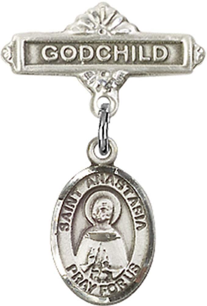 Jewels Obsession Baby Badge with St. Anastasia Charm and Godchild Badge Pin | Sterling Silver Baby Badge with St. Anastasia Charm and Godchild Badge Pin - Made In USA