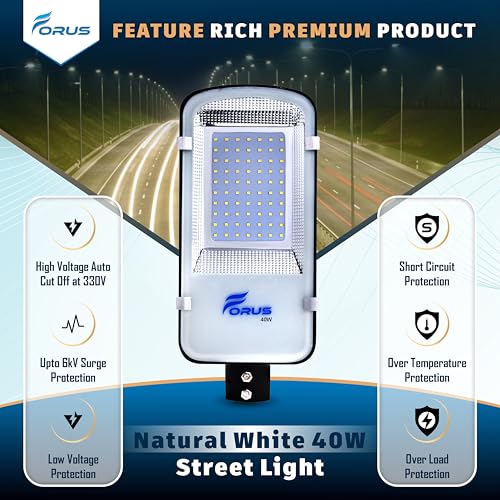 Image of Forus 40W LED Street Light Outdoor with 4Yr Warranty, High Lumen 120 lm /W Waterproof Natural White Light, Energy Saving Aluminium LED Street Lamp for Road, Parking Lot, Industrial Area Lighting (1 PC)