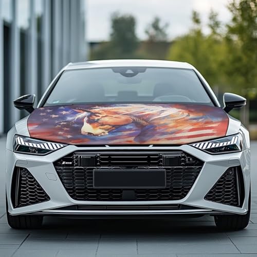 Image of US Flag Horse Car Hood Cover Stretch Polyester Car Hood Cover Removable Automotive Accessories Suitable Most Automotive Sedans Trucks Pickup Sports Cars