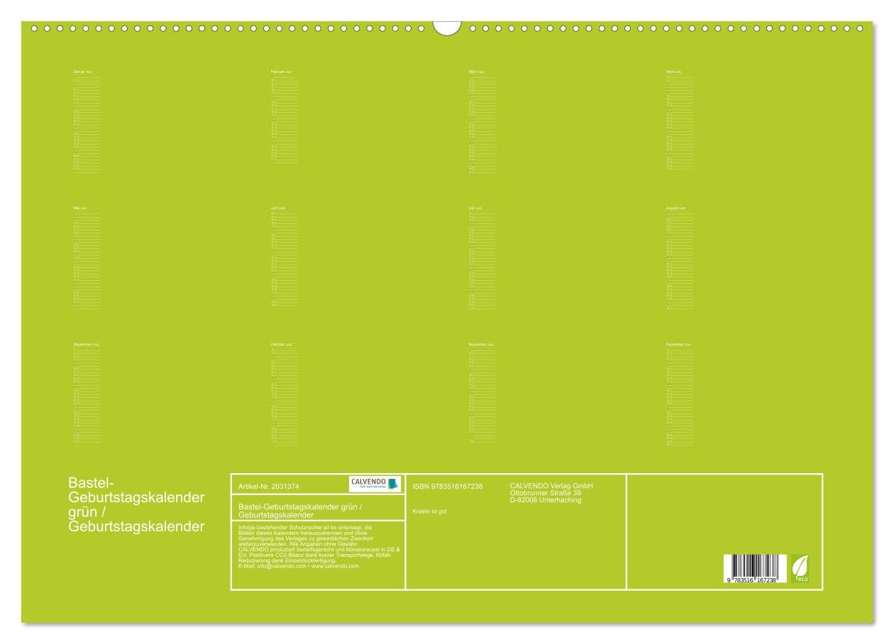 Bastel-Geburtstagskalender grün/Geburtstagskalender (Wandkalender 2026 DIN A2 quer), CALVENDO Monatskalender: Der elegante Geburtstagskalender zum Selbst-Gestalten (CALVENDO Hobbys)