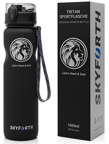 SKYFORTH Trinkflasche Wasserflasche Sportflasche I BPA frei, auslaufsicher, spülmaschinenfest, Wasser Flasche aus Tritan I Trinkflaschen für Sport, Fitness, Fahrrad, Outdoor I 1 Liter, matt schwarz
