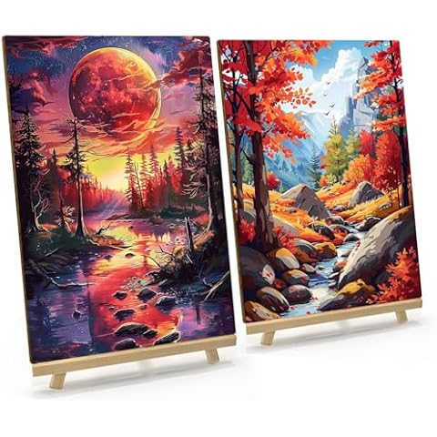 JOOZ 2 Pack Landscape Paint by Numbers Kit for Adults, Moon Paint by Numbers on Wood Board, Mountain Paint by Number with Easel, DIY Paint by Number Forest Landscape for Tabletop Decor 8 x 12 Inch Cover
