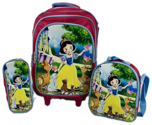 Kit De Mochila Escolar Infantil Feminina Branca De Neve Com Rodinha Em Silicone Acompanha Lancheira Termica E Estojo