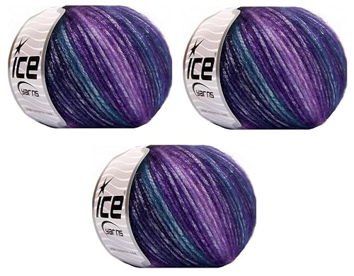 Image of Ice Yarn Lukche Picasso (3 Pack) Light Shinny Yarn Knitting Yarn Crochet Yarn for DIY Hand Knitting 44% Acrylic, 56% Polyester (3x1.76 Oz),(3x125 yds) (Purple Shades)