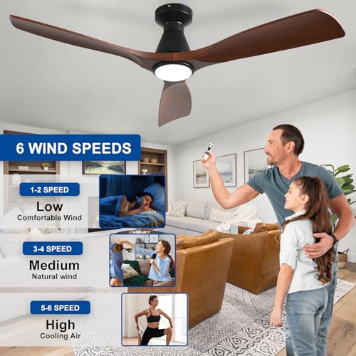 Image of Depuley 52-Inch Ceiling Fans with Lights: Walnut 3 Blade Flush Mount Low Profile Ceiling Fan for Bedroom - Dimmable Indoor Outdoor Fan with Remote Control Ultra Quiet DC Motor Timer