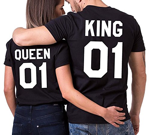 Minetom Eté Couple T-shirt Femmes Hommes Casual Col Rond Manche Courte Imprimer Lettre De King Queen Tops Amants Chemise Cadeaux, Noir Queen, EU S(Homme)