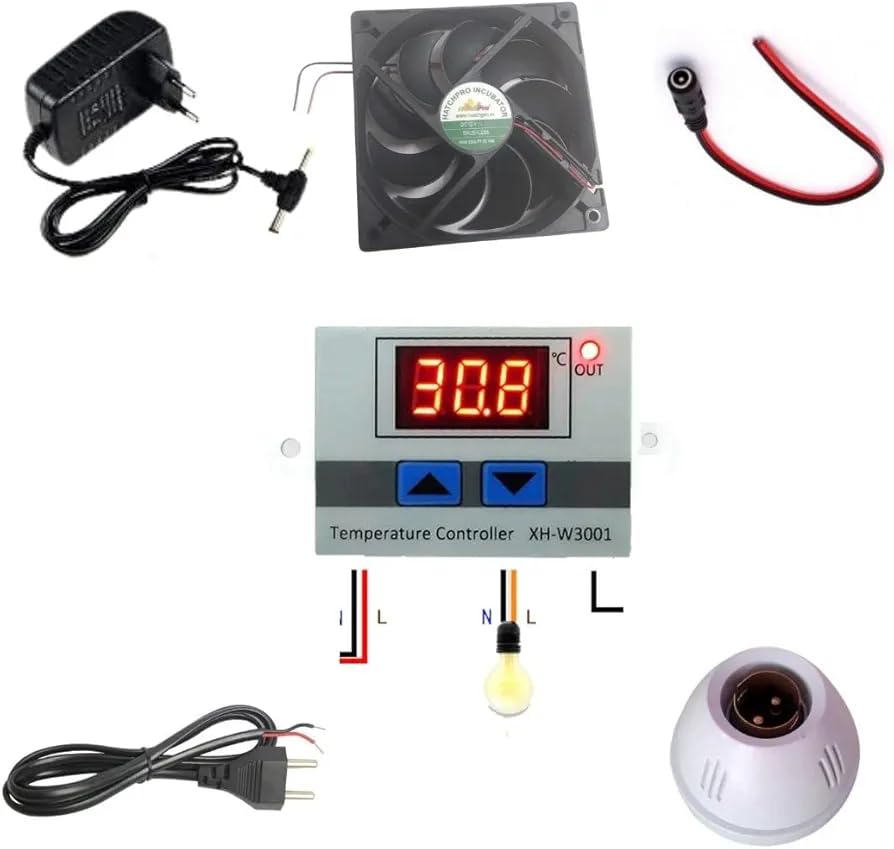 ROBOMALLS™ Egg Incubator Kit Full Set Includes w3001 Temperature Controller, 4 inch 120mm Fan 12v dc Fan, 12 v dc 1 amp Charger, dc Female Socket,Electric Bulb Holder and Wire with Plug-image-3