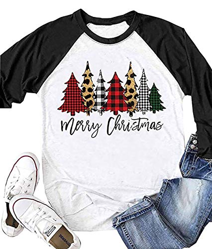 Women Merry Christmas Baseball T-Shirt Funny Plaid Leopard Printed Tree 3/4 Sleeve Graphic Tees Casual Raglan Sleeve Tops (Black, M)
