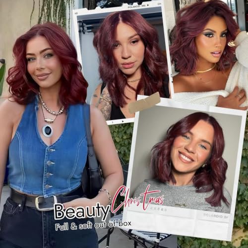 Image of Eawwii Wigs for Women Wine Red,Short Wavy Synthetic Lace Wig