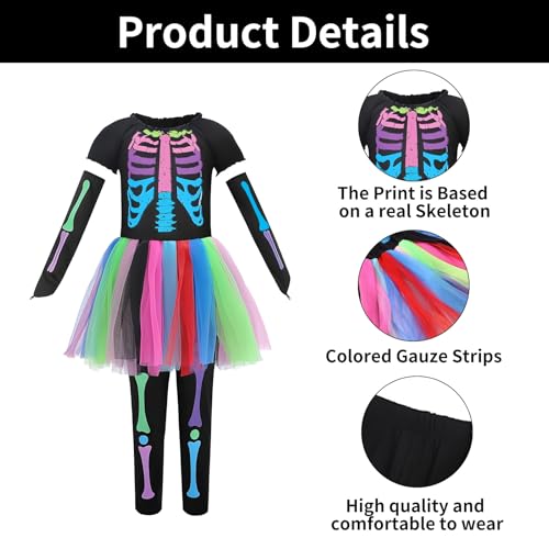 23GUANYI Disfraz Esqueleto Niña, Colores Disfraz Halloween Niña Disfraces de la Parca con Vestido de Esqueleto Manguitos y Leggings Disfraces Halloween Niño para Cosplay Fiesta (S)