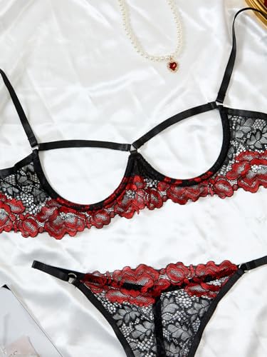 Image of Lilosy Sexy Underwire Floral Lace Sheer Lingerie Set for Women See Through Bra and Panty 2 Piece