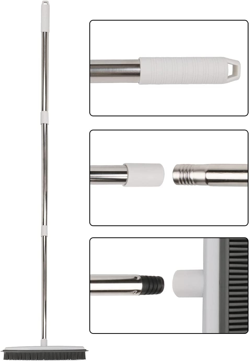 JIUNENG Scopa in Silicone con Manico Lungo, Senza Graffi, Scopa in Gomma per la Rimozione dei Peli di Animali Domestici, per Pavimenti Moquette Piastrelle Finestre Giardini, Bianco