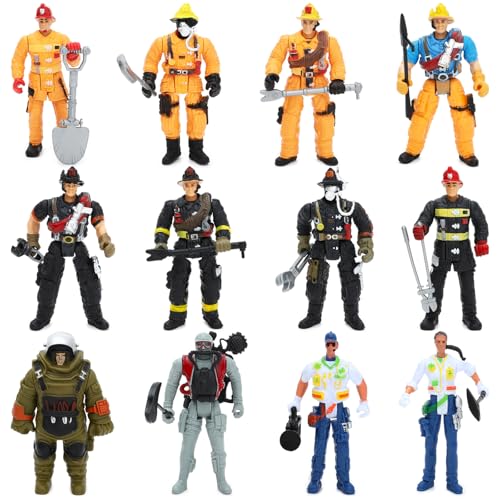 ONEST 12 Pieces Firefighter Action Figures Firefighter Figurines 4' Action Figures with Hats & Accessories for Party Decoration
