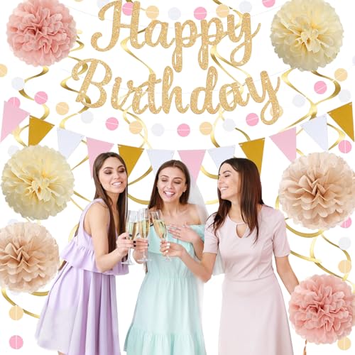 Image of Gold Birthday Decorations, Happy Birthday Banner and Paper Pompoms, Hanging Swirls, Circle Dots Garland, Pennant Flags for Girls Women Party Decorations
