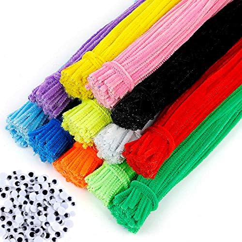 EPIQUEONE 1300-Piece Arts & Crafts Supply Set for Kids & Adults - Includes 1200 Chenille Pipe Cleaner Stems in 12 Fluorescent Colors and 100 Googly Eyes - Perfect for DIY Decorations and Crafting