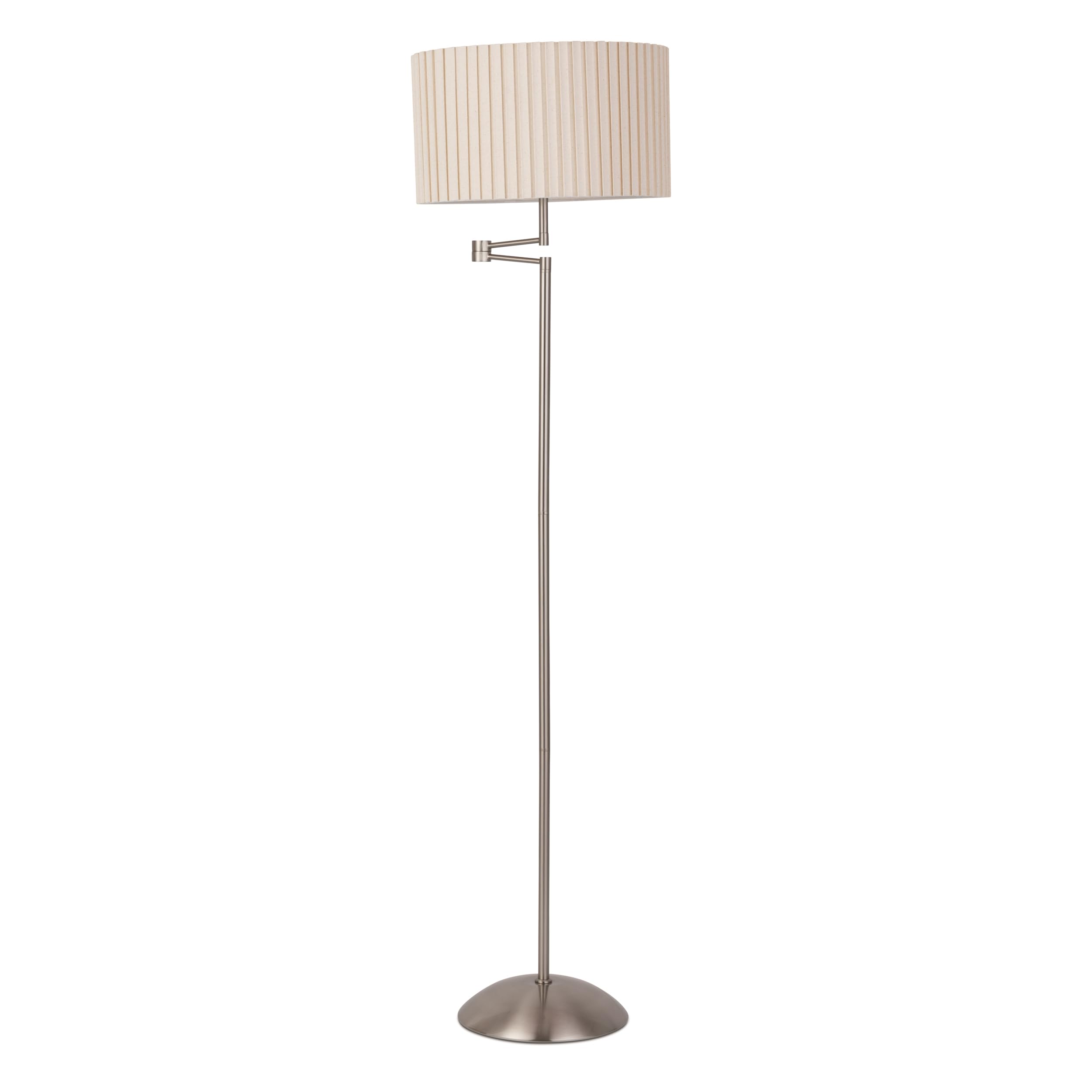 Lighting Supermarket Silver Satin Swing Arm Floor Lamp With Cream Box Pleat Shade, Adjustable Reading Light 155Cm Tall, Modern Standing Lamp With Foot Switch