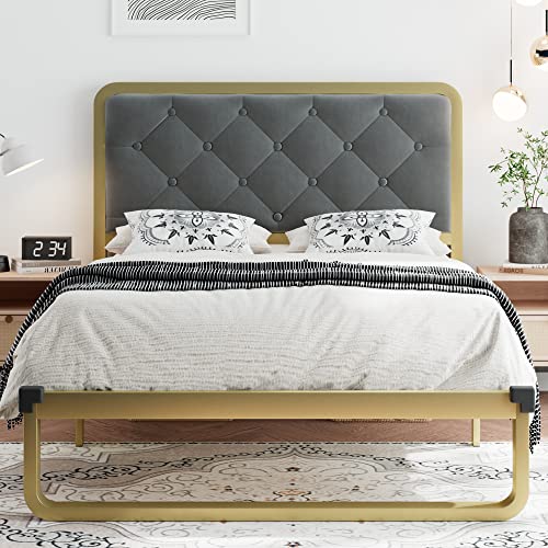 Ipormis Metal Bed Frame Twin With Velvet Button Tufted Headboard, Curved Platform Bed Frame With Heavy Duty Steel Slats, Safe Rounded Edges, 12'' Storage Space, Noise-Free, Easy Assembly, Gold & Gery #TOP2