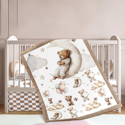 Hosuly 3 Pcs Baby Crib Bedding Set Safari Animals Bear Woodland Animals Jungle Crib Set Includes Quilt Fitted Sheet Skirt for Baby Boy Girl(Brown Teddy Bear)