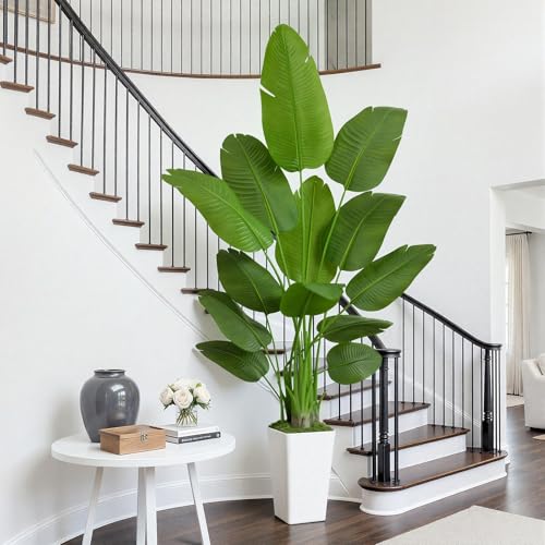 Image of Lifelike Bird of Paradise Artificial Plant 7ft Faux Banana Leaf TRE with White Tall Wavy-Textured Planter for Home Decor- perect Indoor Silk Floor Plant for Living Room Office Ambianc Enhancement